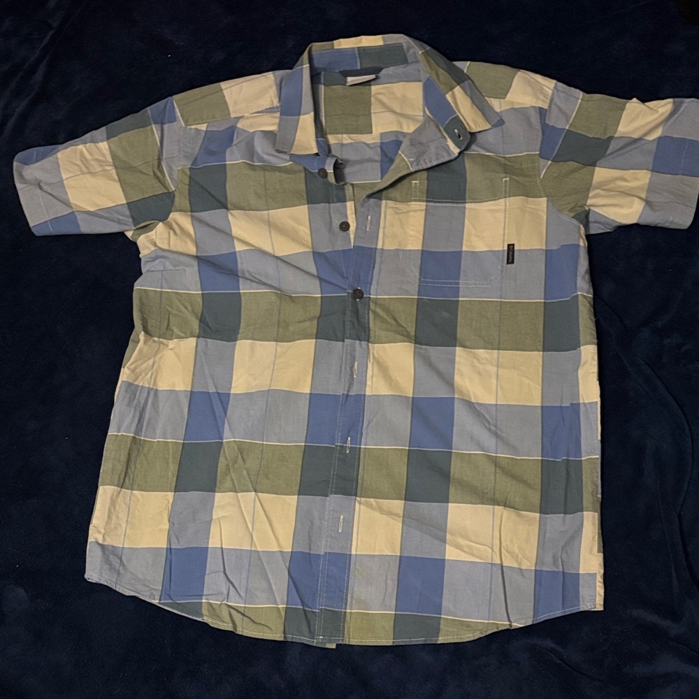 Columbia Men's Short Sleeve Plaid Shirt - Blue, Green, and Cream